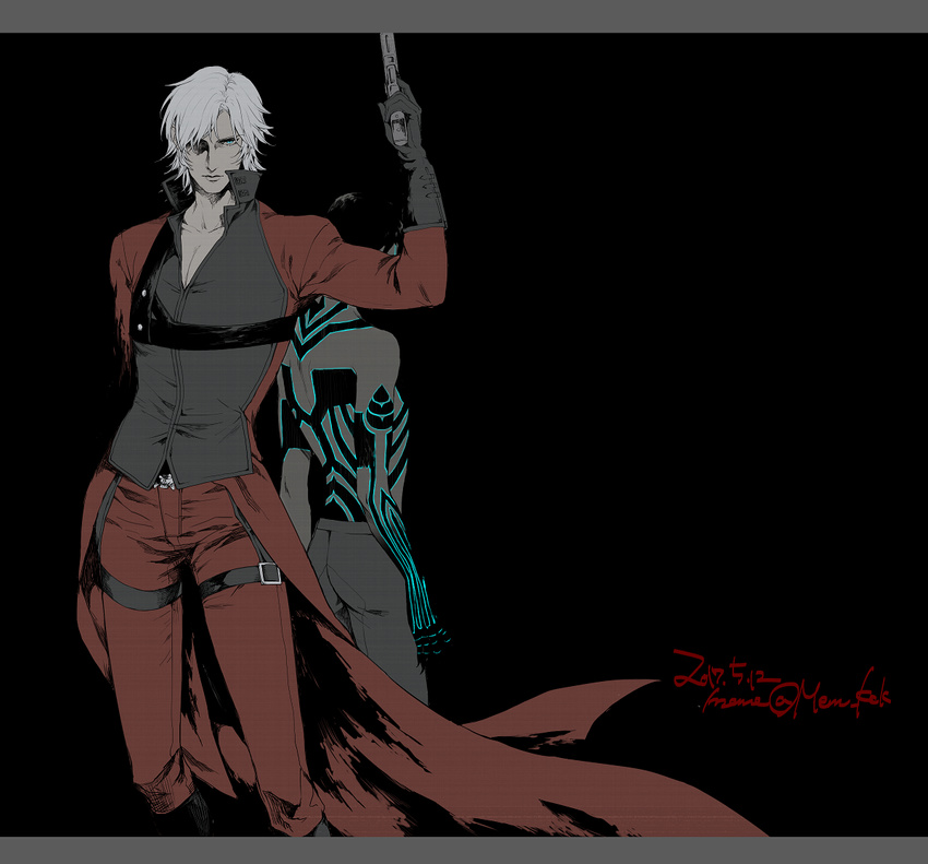 black_background black_hair blue_eyes dante_(devil_may_cry) devil_may_cry facing_away full_body_tattoo gloves gun hitoshura holding holding_gun holding_weapon long_coat memessa multiple_boys shin_megami_tensei shin_megami_tensei_iii:_nocturne tattoo weapon white_hair