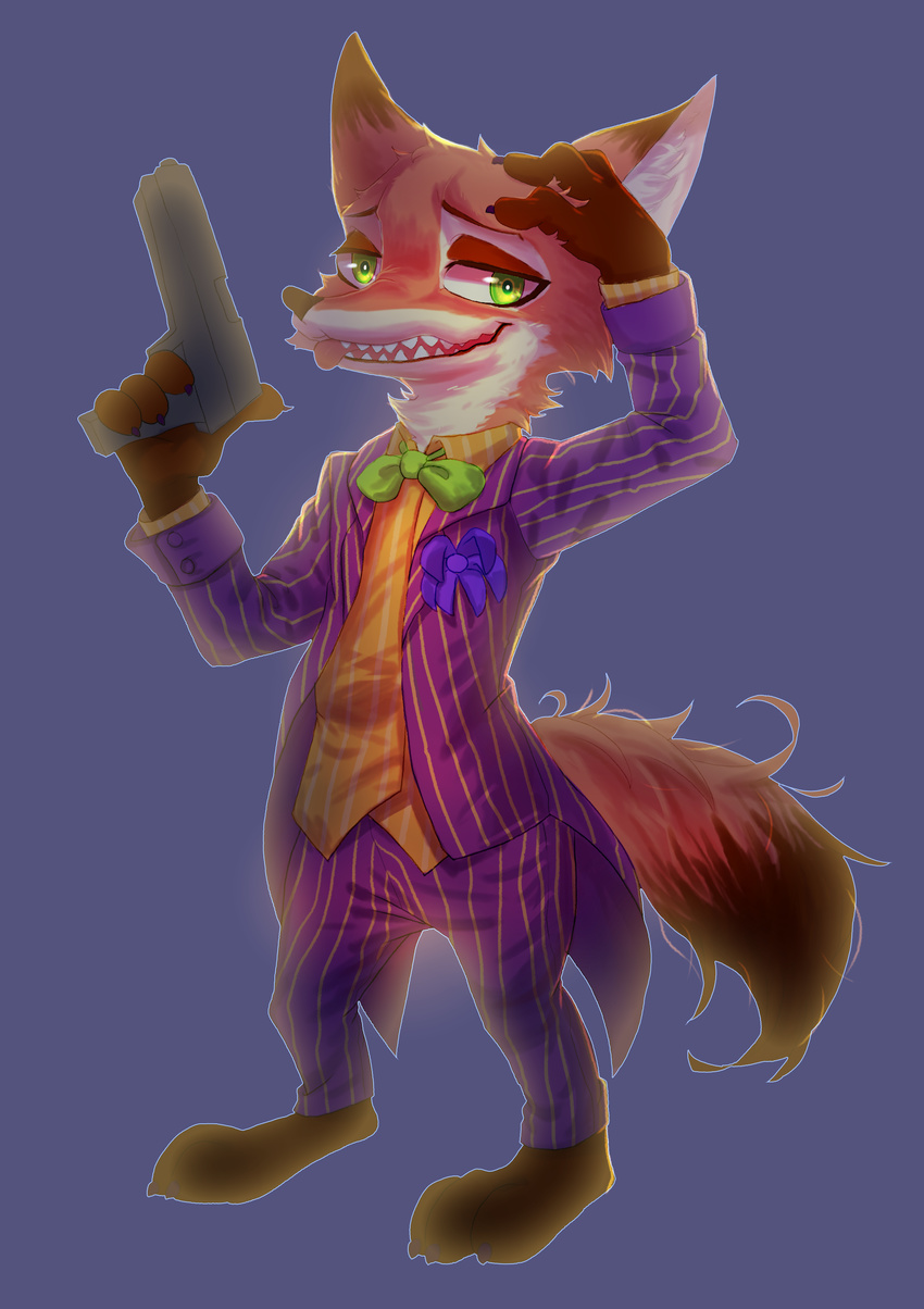 achakura anthro bow_tie canine clothed clothing disney fox gun handgun hi_res looking_at_viewer male mammal nick_wilde pistol ranged_weapon smile solo tongue tongue_out weapon zootopia