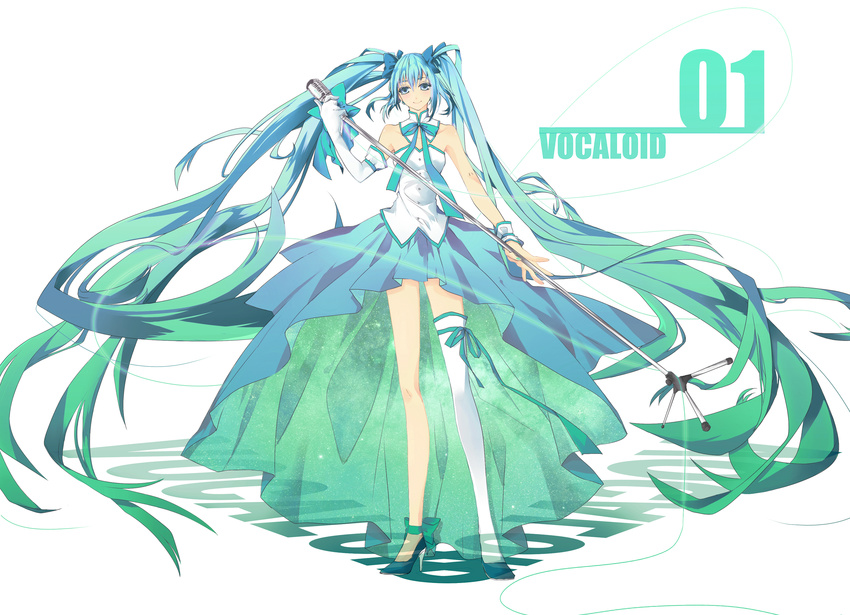 absurdly_long_hair aqua_eyes aqua_hair casual commentary_request copyright_name detached_collar detached_sleeves full_body hatsune_miku highres long_hair microphone microphone_stand single_detached_sleeve single_thighhigh solo thighhighs twintails very_long_hair vocaloid xin