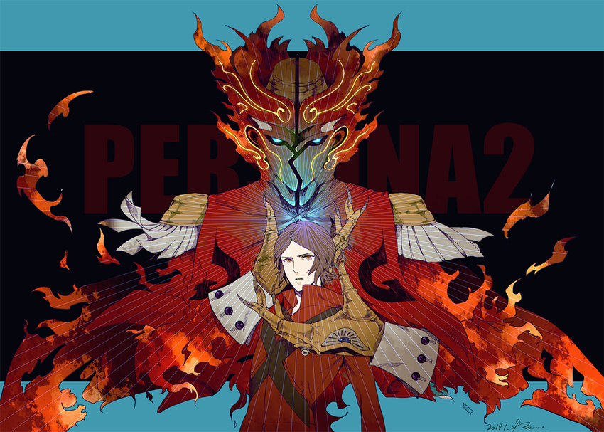 apollo_(persona_2) blue_eyes brown_eyes brown_hair cape copyright_name fire jacket memessa multiple_boys persona persona_2 red_jacket serious suou_tatsuya track_jacket track_suit