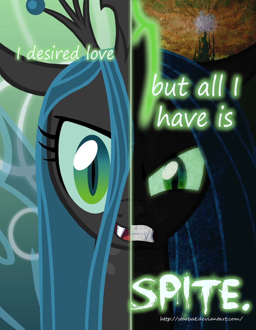 2017 changeling english_text fangs female friendship_is_magic glowing glowing_eyes green_eyes my_little_pony portrait poster queen_chrysalis_(mlp) starbat text