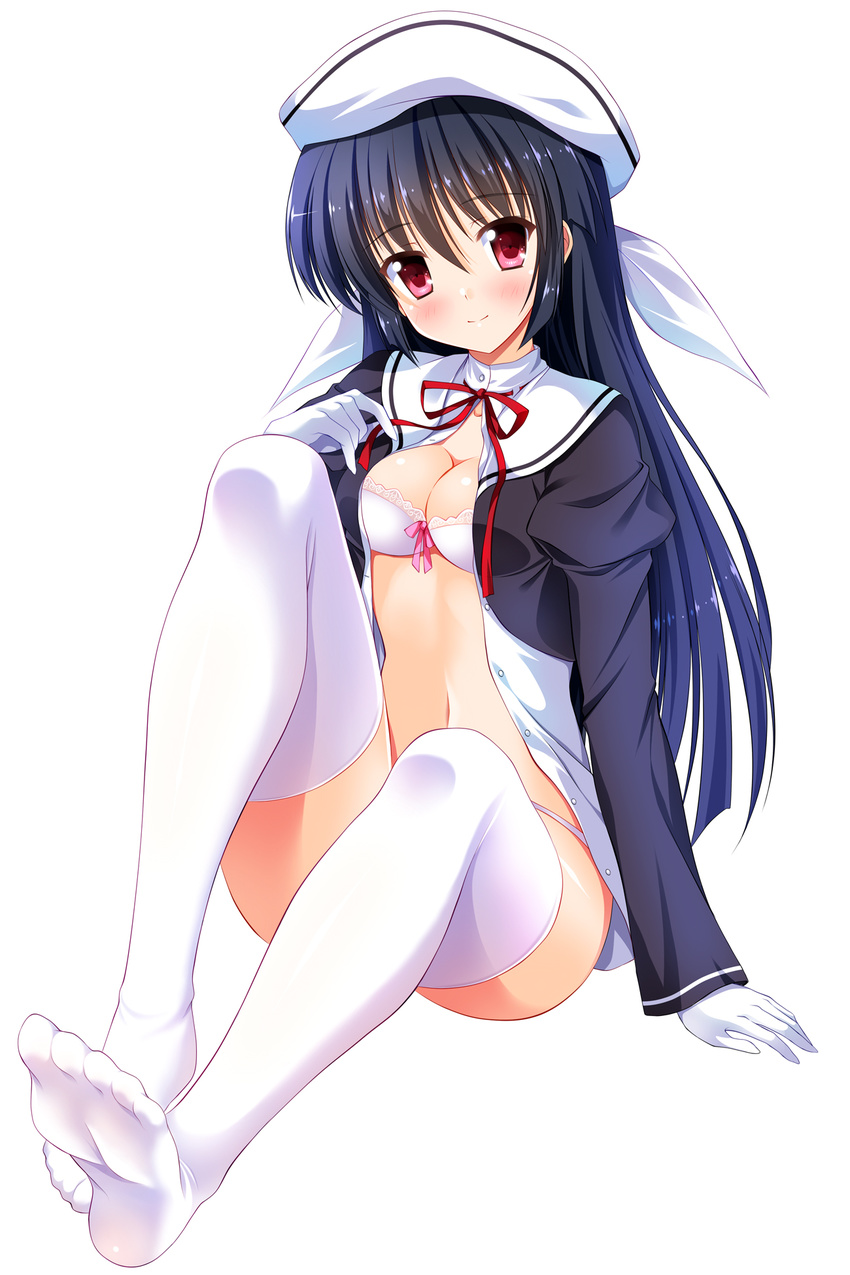 amamiya_yuuko bashen_chenyue beret blush bra breasts cleavage closed_mouth ef feet full_body gloves hat head_tilt highres long_hair long_sleeves looking_at_viewer medium_breasts navel no_pants no_shoes open_clothes panties puffy_long_sleeves puffy_sleeves red_eyes red_ribbon ribbon simple_background sitting smile solo thighhighs underwear very_long_hair white_background white_bra white_gloves white_hat white_legwear white_panties