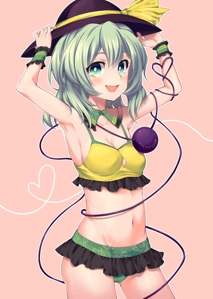 adapted_costume adjusting_clothes adjusting_hat akanagi_youto bikini blush breasts commentary_request floral_print frilled_bikini frills green_bikini_bottom green_eyes green_hair hat hat_ribbon heart heart_of_string highres komeiji_koishi mismatched_bikini navel open_mouth ribbon short_hair small_breasts smile solo swimsuit third_eye touhou yellow_bikini_top