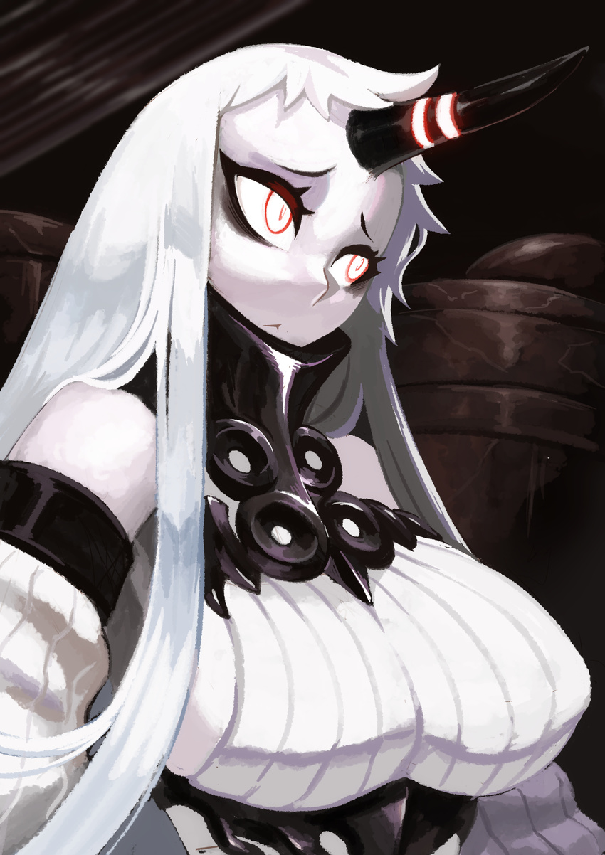 :&lt; absurdres breasts detached_sleeves dress eyelashes highres horn kantai_collection koi_drake large_breasts long_hair red_eyes ribbed_dress seaport_hime shinkaisei-kan solo upper_body very_long_hair white_dress white_hair white_skin