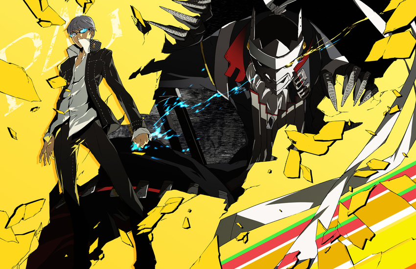black_jacket black_pants clenched_hand collarbone copyright_name dress_shirt from_below full_body g_yuusuke glasses izanagi jacket looking_at_viewer male_focus narukami_yuu open_clothes open_jacket pants persona persona_4 shirt silver_hair simple_background standing white_shirt yellow_background