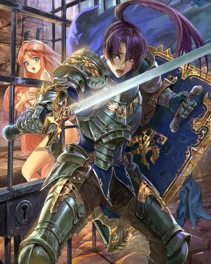 1girl :o armor ass blue_cape blue_eyes blush breastplate cape chain covering covering_breasts ggozira highres holding holding_shield holding_sword holding_weapon in_cage lock long_hair nude official_art ponytail purple_hair shield standing sword tenkuu_no_crystalia very_long_hair weapon