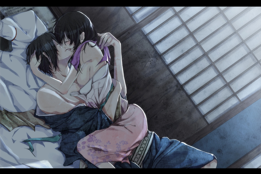 1girl black_hair blue_kimono breasts character_request closed_eyes couple dutch_angle girl_on_top hakuouki_shinsengumi_kitan hetero indoors japanese_clothes kimono kiss medium_breasts nanawo open_clothes open_kimono pink_kimono short_hair sideboob yukata yukimura_chizuru