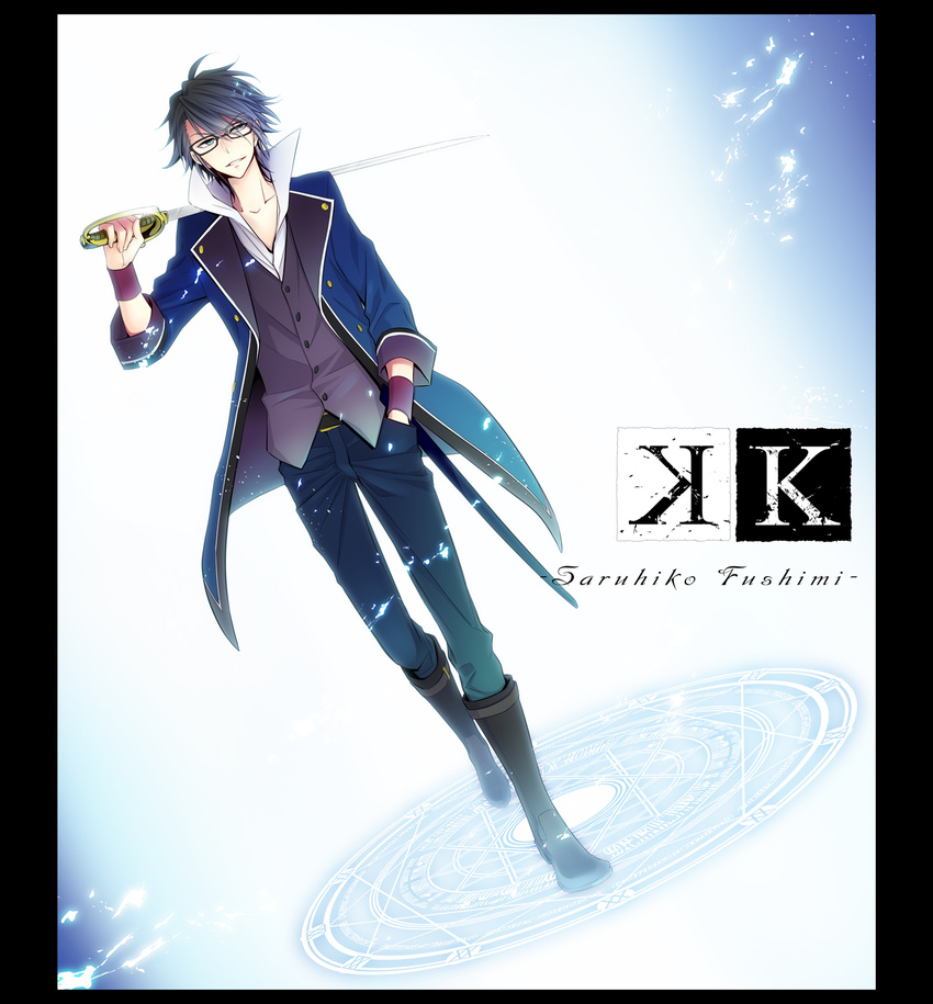 black-framed_eyewear black_footwear black_hair black_pants black_shirt boots bow character_name collarbone copyright_name dress_shirt dutch_angle eyebrows_visible_through_hair fujyu full_body fushimi_saruhiko glasses hair_bow hand_in_pocket highres holding holding_sword holding_weapon k_(anime) magic_circle male_focus pants parted_lips saber_(weapon) sheath shirt solo standing sword weapon wrist_cuffs