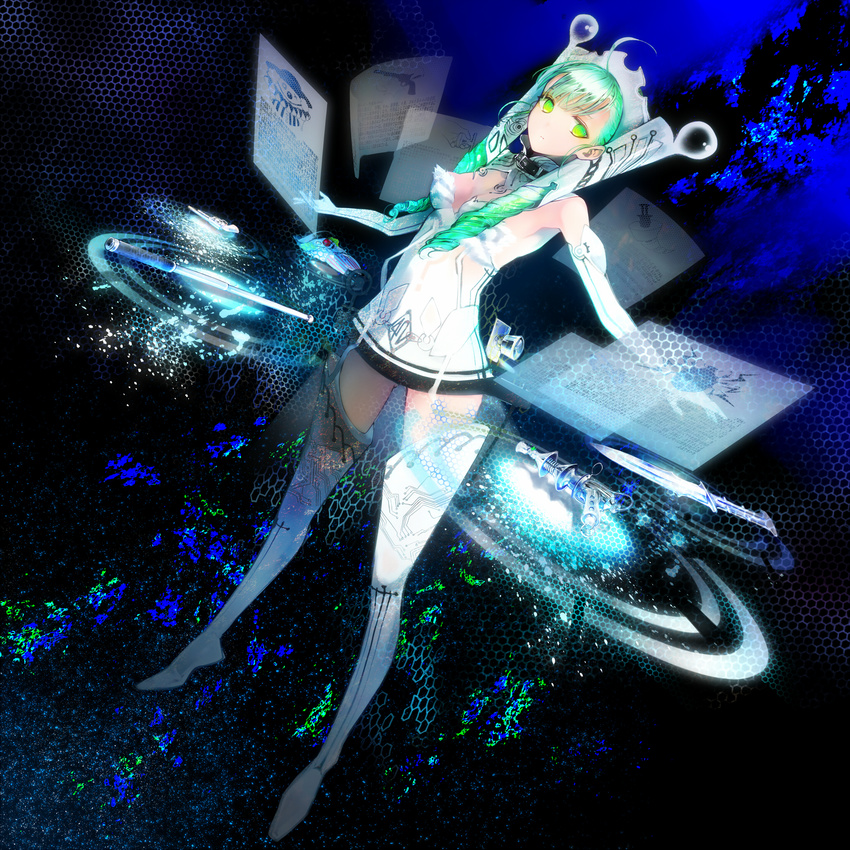 ahoge ass_visible_through_thighs boots breasts cleavage drill_hair elbow_gloves full_body gloves green_eyes green_hair highres long_hair looking_at_viewer medium_breasts original outstretched_arms science_fiction sleeveless solo standing strapless suspender_boots thigh_boots thighhighs twin_drills ukai_saki white_footwear white_gloves