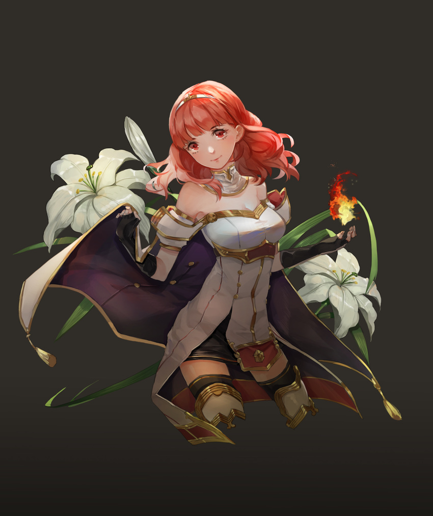 absurdres armor bare_shoulders cape celica_(fire_emblem) fire fire_emblem fire_emblem_echoes:_mou_hitori_no_eiyuuou flower gloves highres lily_(flower) long_hair mizukiyan red_eyes red_hair smile solo thighhighs tiara zettai_ryouiki