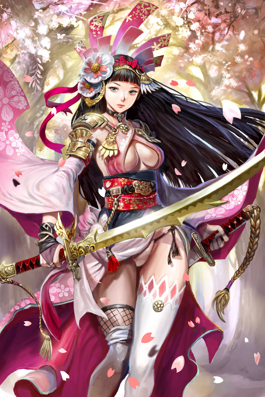 bangs black_hair blunt_bangs breasts cherry_blossoms choker cleavage day detached_sleeves dual_wielding fishnets floral_print flower ggozira grey_eyes hair_flower hair_ornament hairband highres holding holding_sword holding_weapon katana long_hair medium_breasts outdoors petals solo standing sword tenkuu_no_crystalia thighhighs weapon white_legwear