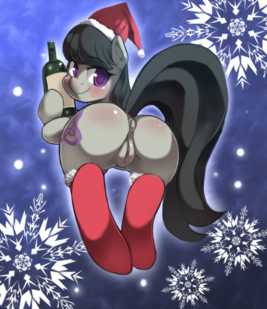 2013 alcohol anus beverage black_hair blush butt christmas cutie_mark earth_pony equine female feral food freedomthai friendship_is_magic fur grey_fur hair happy hat hi_res holidays horse mammal my_little_pony octavia_(mlp) pony purple_eyes pussy raised_tail santa_hat smile solo wine_bottle