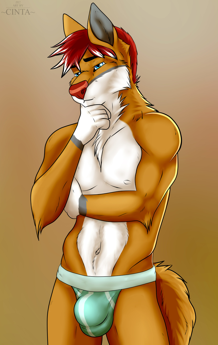 2017 5_fingers absurd_res anthro ayuke blue_eyes bulge canine cinta clothed clothing eyebrows fur gloves_(marking) hair hi_res jockstrap male mammal markings multicolored_fur muscular orange_fur pondering pose red_hair red_nose scar simple_background solo standing stripes tattoo thinking tight_underwear topless underwear white_fur wolf