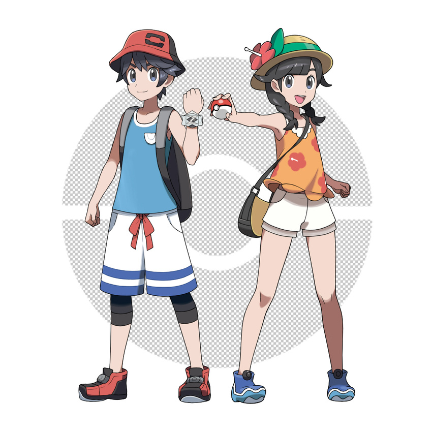 1girl :d asatsuki_(fgfff) backpack bag bare_legs bare_shoulders black_hair blue_eyes blue_footwear boots braid bucket_hat flat_chest flower full_body hair_flaps hat highres holding holding_poke_ball legwear_under_shorts long_hair looking_at_viewer mizuki_(pokemon) official_style open_eyes open_mouth poke_ball poke_ball_(generic) pokemon pokemon_(game) pokemon_usum pose shirt short_hair short_sleeves shorts simple_background sleeveless sleeveless_shirt smile standing sun_hat t-shirt tank_top twin_braids white_background white_shorts you_(pokemon) z-ring