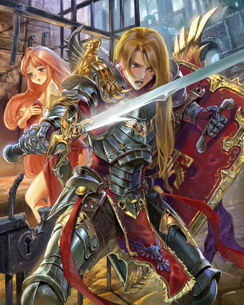 1girl :o armor bare_shoulders blonde_hair blue_eyes blush breastplate broken cage covering covering_breasts gauntlets ggozira highres holding holding_shield holding_sword holding_weapon in_cage lock long_hair pink_hair shield standing sword tenkuu_no_crystalia torn_clothes very_long_hair weapon