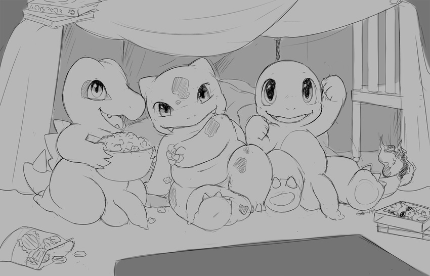 balls bulbasaur charmander chips_(food) cute flaccid food long_foreskin male male/male monochrome nintendo penis pok&eacute;mon popcorn semi-anthro sketch sleepover slimefur smile totodile uncut video_games