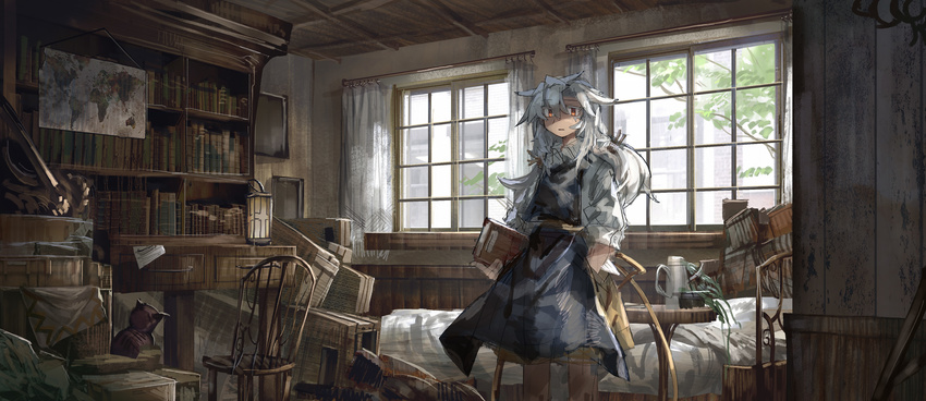 absurdres book bookshelf chair eyebrows_visible_through_hair highres holding holding_book july_(shichigatsu) lantern long_hair looking_at_viewer map mattress original parted_lips red_eyes scenery solo white_hair window world_map