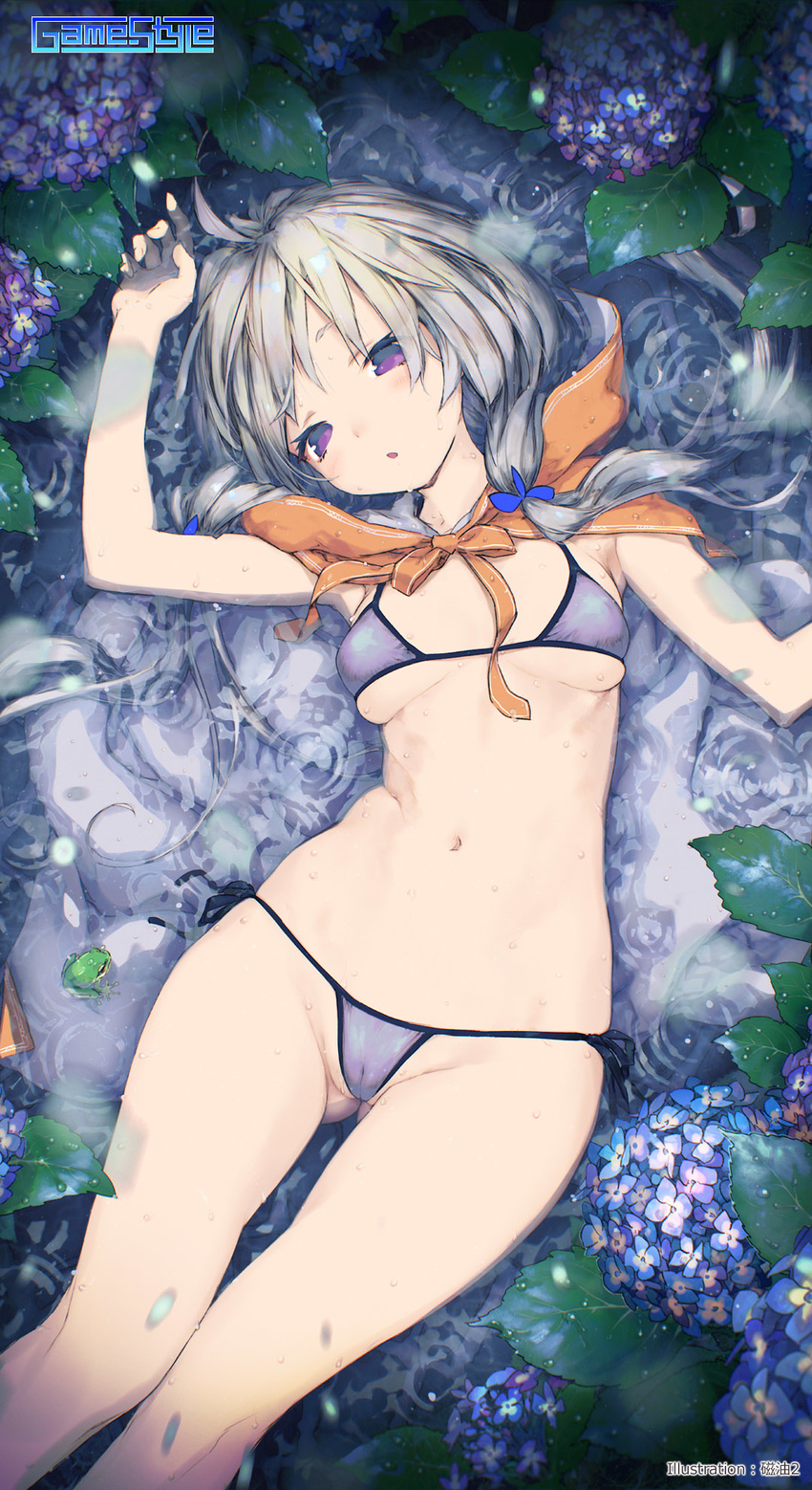 ahoge arm_up artist_name ass_visible_through_thighs bangs bikini blue_bow blush bow breasts cameltoe cloak copyright_name flower frog game-style grey_hair groin hair_bow highres hydrangea jiyu2 long_hair looking_at_viewer low_twintails lying medium_breasts navel on_back original parted_lips phone_wallpaper pond purple_bikini purple_eyes ripples solo swimsuit thigh_gap thighs twintails underboob wallpaper watermark