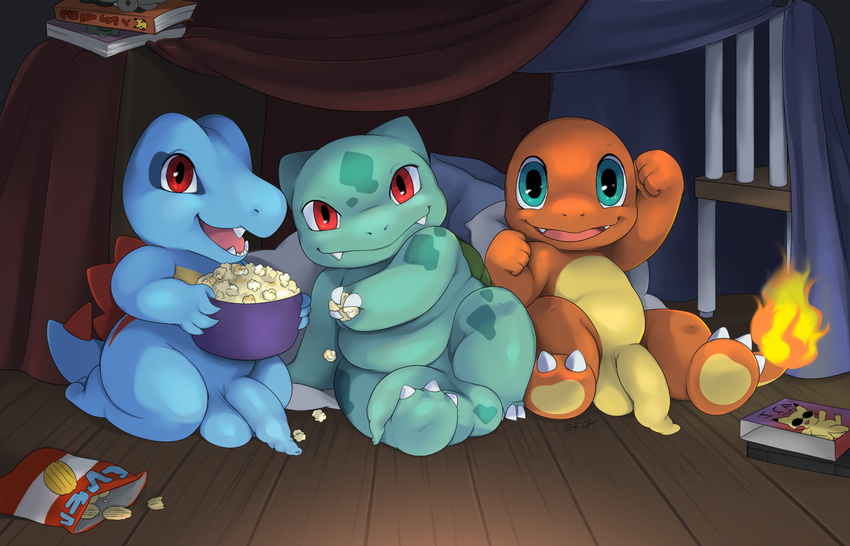 balls bulbasaur charmander chips_(food) cute flaccid food long_foreskin male male/male nintendo penis pok&eacute;mon popcorn semi-anthro sleepover slimefur smile totodile uncut video_games