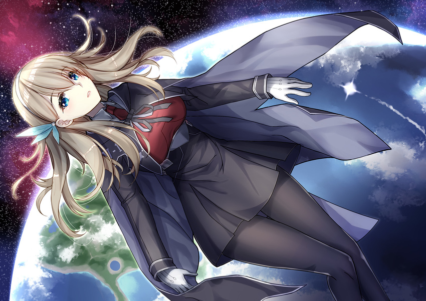 black_legwear black_skirt blonde_hair blue_eyes breasts capelet gloves hair_ornament hairband highres large_breasts lexington_(cv-16)_(zhan_jian_shao_nyu) long_hair long_sleeves nebula necktie pantyhose planet ryuuzouji_usagi skirt solo space star_(sky) white_gloves zhan_jian_shao_nyu