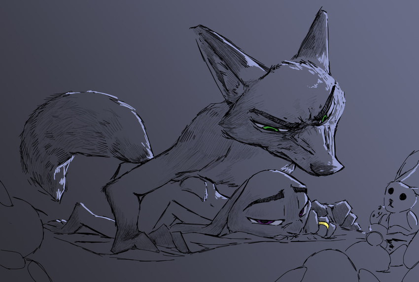 2017 anthro arched_back bed canine disney duo female fox from_behind_position green_eyes grey_background husband_and_wife interspecies judy_hopps lagomorph larger_male looking_at_viewer male male/female mammal married nick_wilde nude plushie predator/prey purple_eyes rabbit restricted_palette ring romantic_couple sex simple_background size_difference smaller_female speed_bump_position spread_legs spreading story story_in_description thewyvernsweaver wedding_ring zootopia