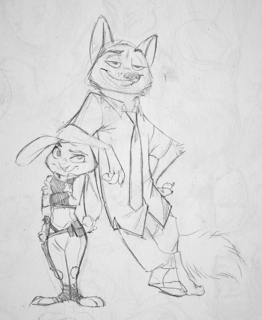 2016 anthro belt black_and_white bulletproof_vest canine clothed clothing crossed_arms disney duo female fox hand_on_hip hi_res judy_hopps lagomorph leaning male mammal monochrome monoflax necktie nick_wilde rabbit simple_background smile traditional_media_(artwork) utility_belt white_background zootopia
