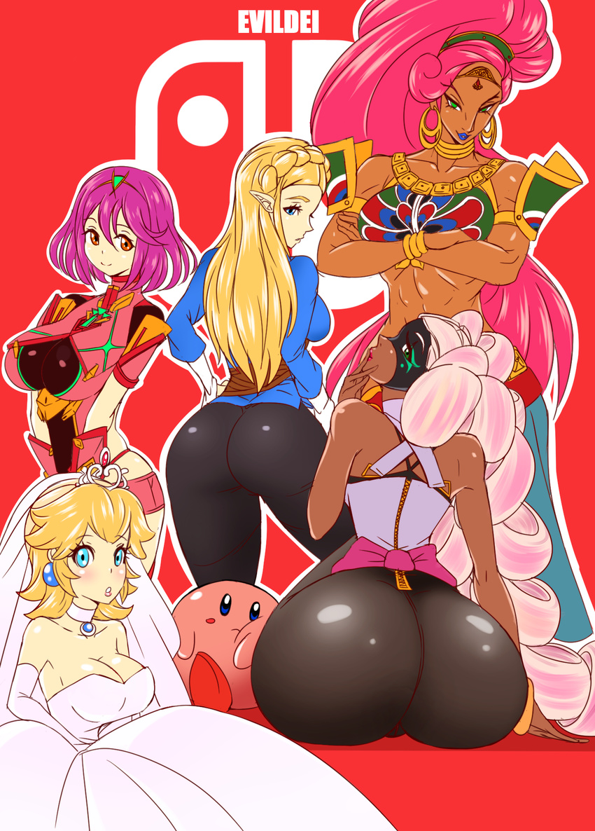 armor arms_(game) ass bare_shoulders blonde_hair blue_eyes blush breasts bridal_veil company_connection crossover dark_skin dress drill_hair earrings evil-dei gerudo gloves green_eyes hat highres homura_(xenoblade_2) jewelry kirby large_breasts long_hair looking_at_viewer mario_(series) mask multiple_girls nintendo odd_one_out pants pink_hair pointy_ears princess_peach princess_zelda red_eyes red_hair short_hair simple_background smile super_mario_bros. super_mario_odyssey the_legend_of_zelda the_legend_of_zelda:_breath_of_the_wild tiara twin_drills twintails twintelle_(arms) urbosa veil very_long_hair wedding_dress white_gloves xenoblade_(series) xenoblade_2