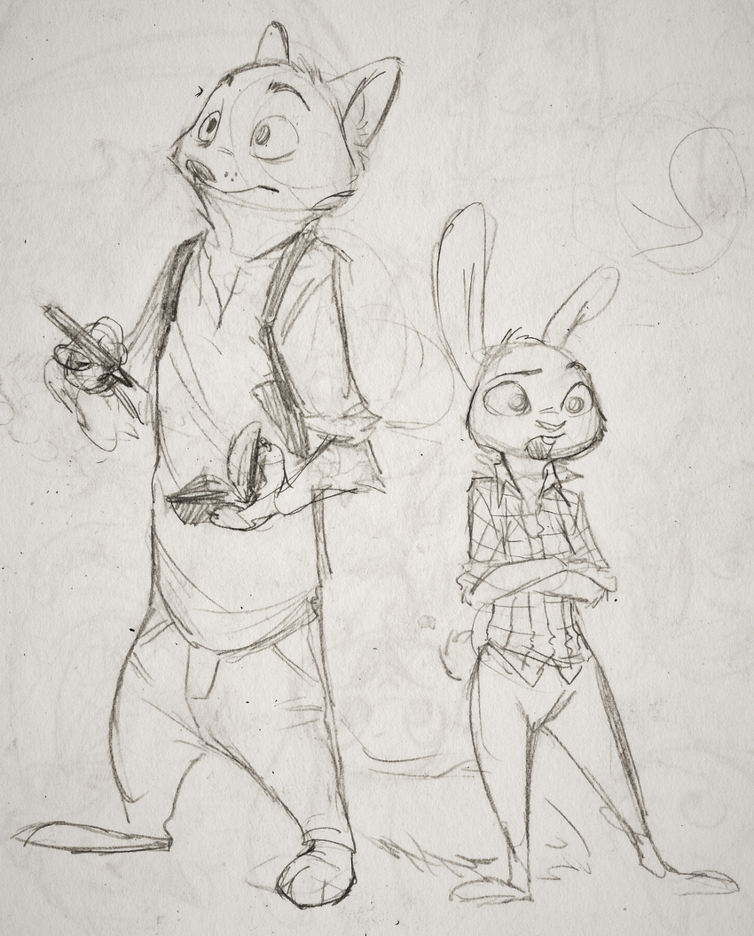2016 anthro black_and_white book buckteeth canine clothed clothing crossed_arms disney duo female fox hi_res holding_object judy_hopps lagomorph male mammal monochrome monoflax nick_wilde pen rabbit simple_background standing teeth traditional_media_(artwork) white_background zootopia
