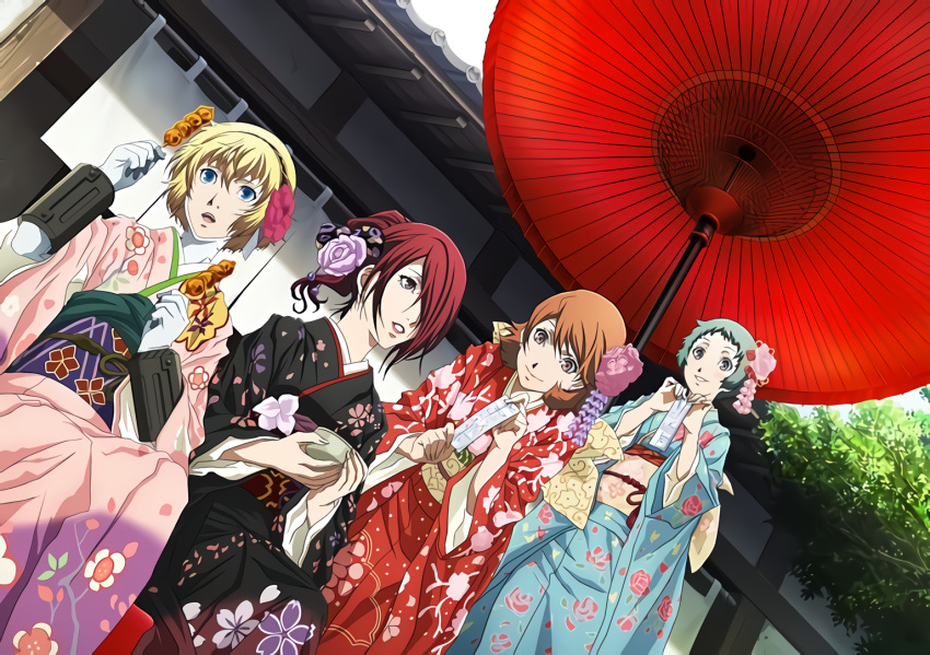 4girls aegis_(persona) black_kimono blonde_hair blue_eyes blue_hair blue_kimono brown_eyes brown_hair closed_mouth japanese_clothes kimono kirijou_mitsuru lips long_hair medium_hair multiple_girls nose official_art open_clothes open_eyes persona persona_3 pink_kimono red_eyes red_hair red_kimono short_hair takeba_yukari yamagishi_fuuka