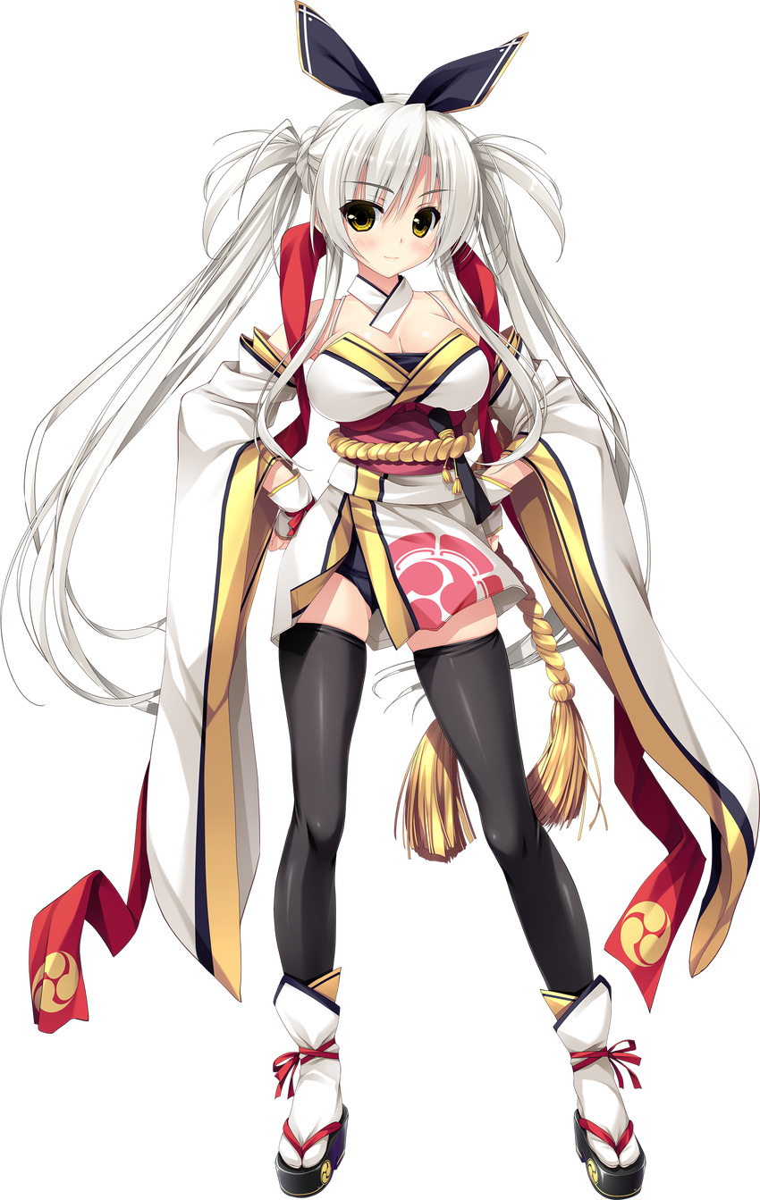 absurdres bangs bare_shoulders black_legwear blush bow breasts cleavage detached_sleeves eyebrows_visible_through_hair full_body hair_bow hands_on_hips haruru_minamo_ni! hatagami_mei highres large_breasts long_hair looking_away non-web_source official_art sandals shintarou smile solo standing strapless thighhighs transparent_background twintails white_hair wide_sleeves yellow_eyes