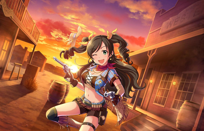 artist_request bandolier barrel belt boots bow breasts cartridge cleavage colt_saa cowboy_hat crop_top drill_hair dual_wielding fringe_trim gloves gun hair_bow handgun hat holding holster idolmaster idolmaster_cinderella_girls idolmaster_cinderella_girls_starlight_stage jewelry jpeg_artifacts looking_at_viewer medium_breasts midriff navel nonomura_sora official_art one_eye_closed open_mouth pendant pistol revolver scarf short_shorts short_sleeves shorts smile solo sun sunset trigger_discipline twin_drills twintails weapon western