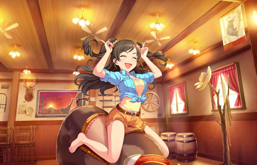:d ^_^ barefoot belt ceiling_fan closed_eyes curtains fringe_trim front-tie_top gun horns_pose idolmaster idolmaster_cinderella_girls idolmaster_cinderella_girls_starlight_stage indoors jpeg_artifacts lever_action mechanical_bull nonomura_sora official_art open_mouth rifle shirt shorts smile solo tied_shirt two_side_up weapon western window