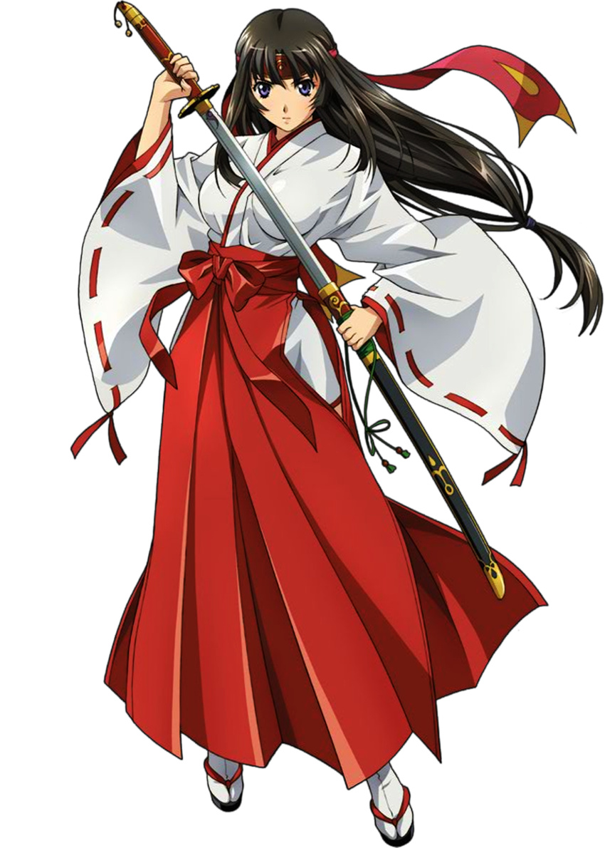 00s 1girl black_hair brown_eyes brown_hair female headband holding holding_sword holding_weapon japanese_clothes long_hair long_sleeves looking_at_viewer low-tied_long_hair miko official_art queen's_blade sandals serious sheath solo sword tabi tied_hair tomoe unsheathing very_long_hair weapon white_background wide_sleeves