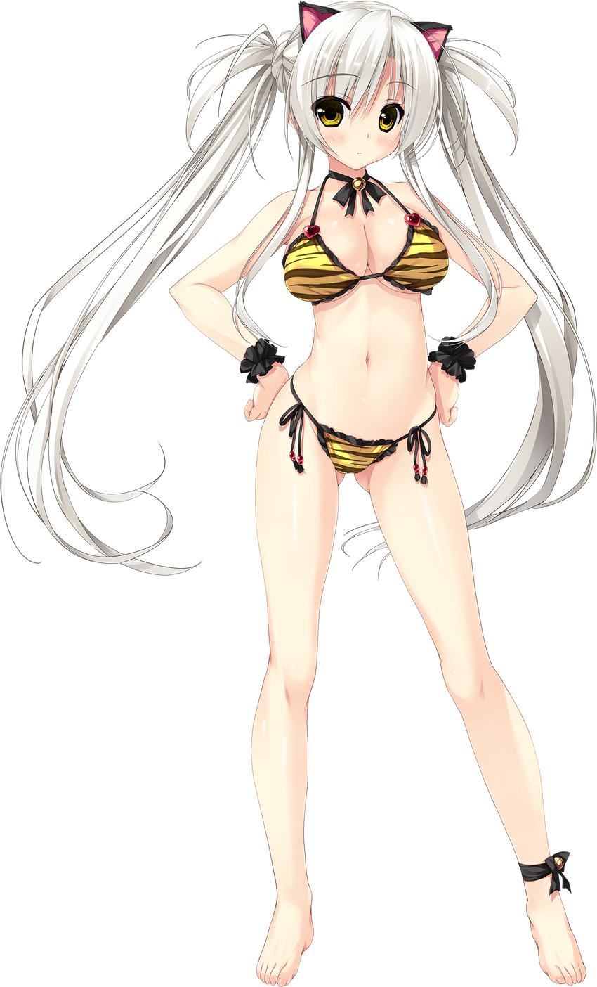 absurdres animal_ears ankle_bell ankle_ribbon ass_visible_through_thighs bangs bare_shoulders barefoot bell bikini breasts cat_ears choker cleavage collarbone eyebrows_visible_through_hair full_body hands_on_hips haruru_minamo_ni! hatagami_mei highres large_breasts long_hair looking_away navel non-web_source official_art ribbon ribbon_choker shintarou side-tie_bikini solo standing string_bikini swimsuit tiger_stripes transparent_background twintails white_hair wrist_cuffs yellow_eyes