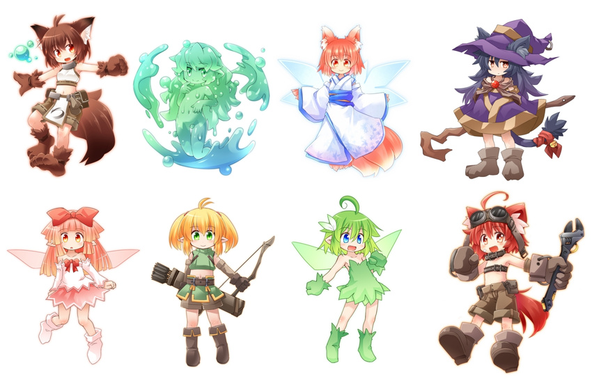 :d ahoge animal_ears arrow bare_shoulders bell belt_pouch beltbra black_hair blonde_hair blue_eyes boots bow bow_(weapon) brown_eyes brown_hair chibi crop_top detached_sleeves dress elf fairy fairy_wings fang flat_chest fox_ears fox_tail full_body gloves goggles goggles_on_head goo_girl green_dress green_eyes green_hair hair_bow hat japanese_clothes jingle_bell kimono kso long_hair looking_at_viewer midriff monster_girl multiple_girls navel open_mouth orange_eyes original paws pointy_ears pouch quiver red_eyes red_hair ribbon short_hair shorts simple_background smile staff tail tail_bell tail_ribbon twintails weapon white_background wings witch witch_hat wolf_ears wolf_tail wrench