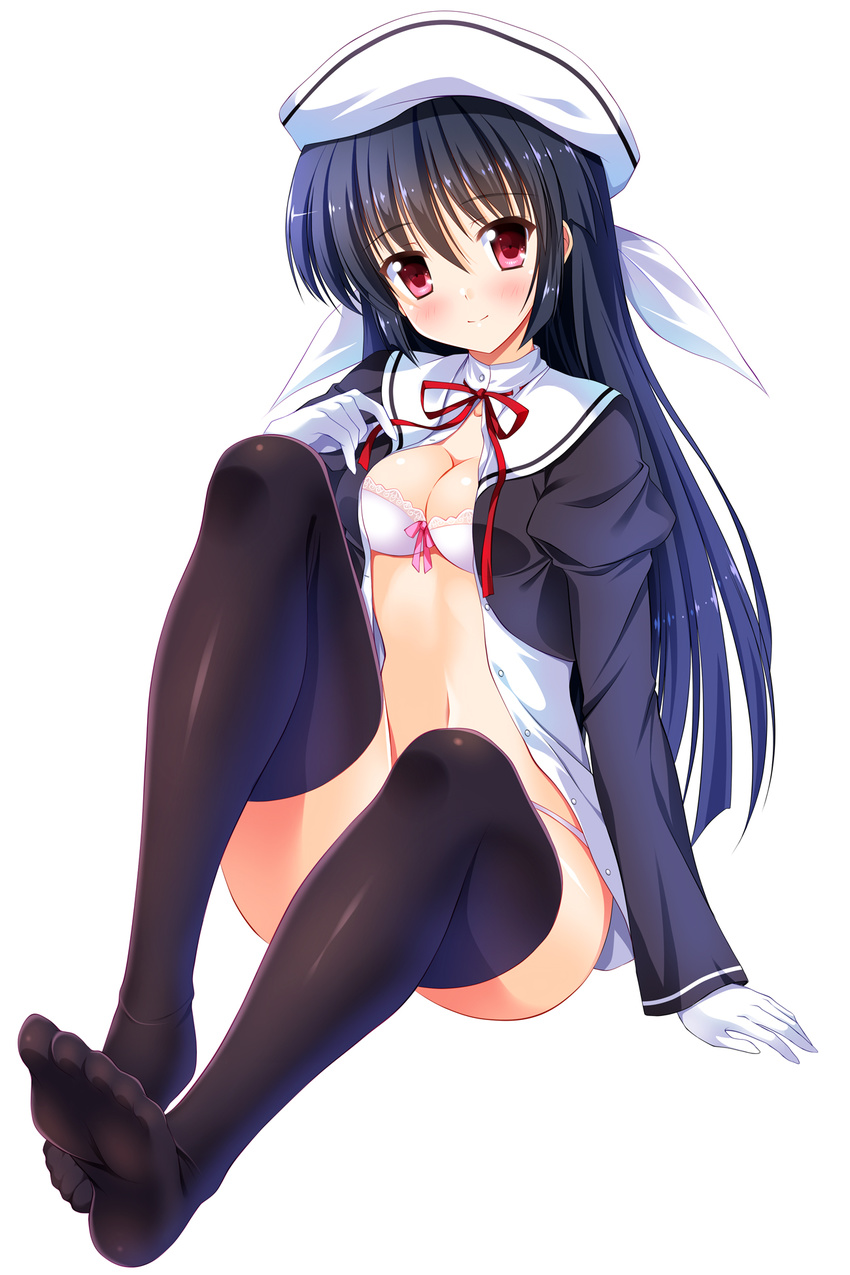 amamiya_yuuko bashen_chenyue beret black_legwear blush bra breasts cleavage closed_mouth ef feet full_body gloves hat head_tilt highres long_hair long_sleeves looking_at_viewer medium_breasts navel no_pants open_clothes panties puffy_long_sleeves puffy_sleeves red_eyes red_ribbon ribbon simple_background sitting smile solo thighhighs underwear very_long_hair white_background white_bra white_gloves white_hat white_panties