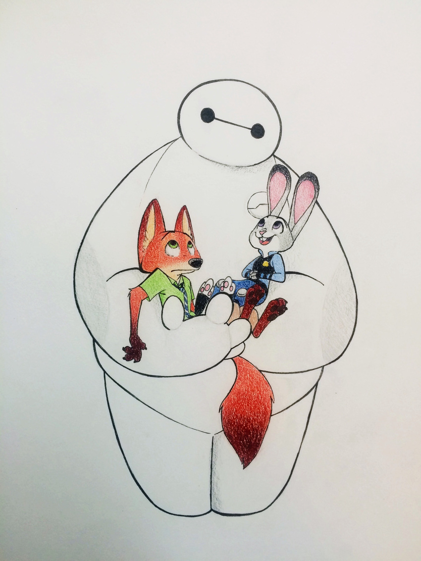 2016 anthro baymax belt big_hero_6 buckteeth bulletproof_vest canine carrying claws clothed clothing cradle crossover dipstick_ears dipstick_tail disney female fox gloves_(marking) green_eyes group hi_res holding_character inner_ear_fluff judy_hopps lagomorph machine male mammal markings missashleyng multicolored_tail necktie nick_wilde open_mouth open_smile pawpads police_uniform purple_eyes rabbit robot simple_background smile teeth toe_claws traditional_media_(artwork) uniform white_background zootopia