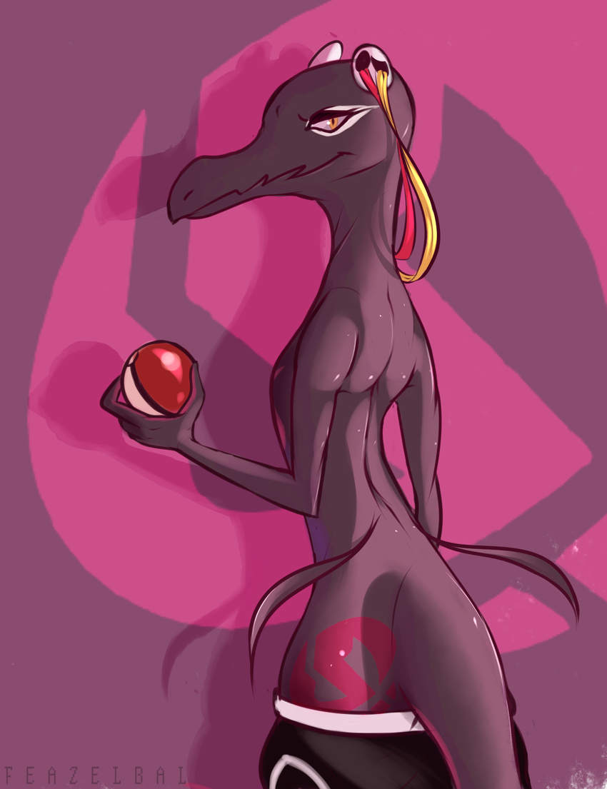 2017 alternate_species anthro clothed clothing feazelbal female furrification holding_object holding_pok&eacute;ball looking_at_viewer nintendo pants_down partially_clothed plumeria_(pok&eacute;mon) pok&eacute;ball pok&eacute;mon pose rear_view salazzle solo standing video_games