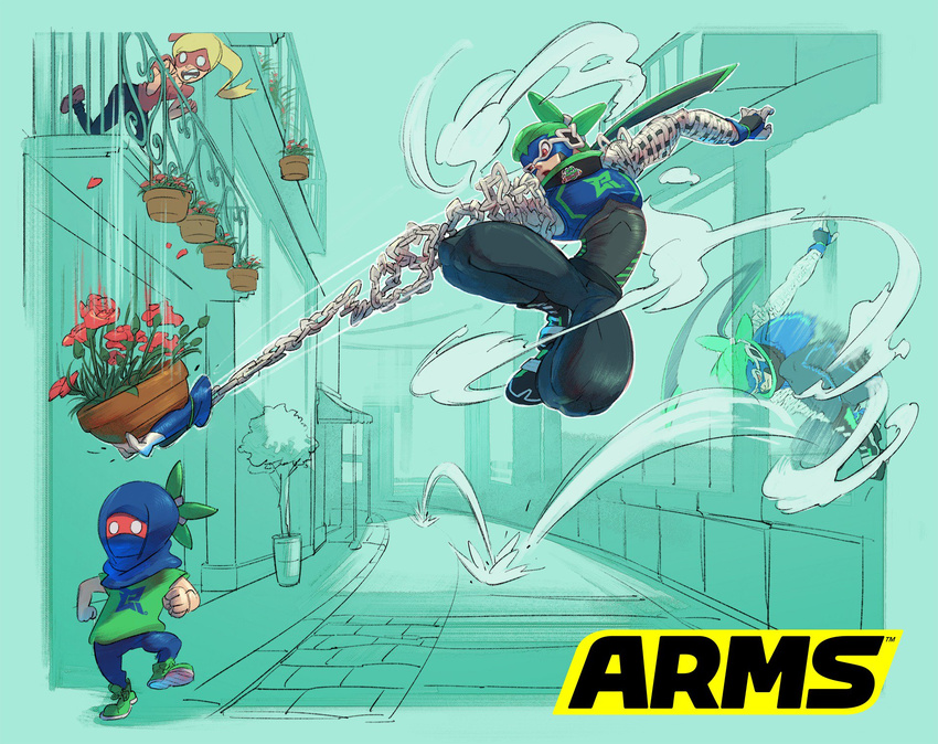 2boys aqua_background arms_(game) catching chain commentary_request flower_pot gloves goggles green_hair highres ishikawa_masaaki logo long_arms male_focus mask multiple_boys ninja ninjara_(arms) official_art orange_eyes ponytail scarf short_hair simple_background tree walking