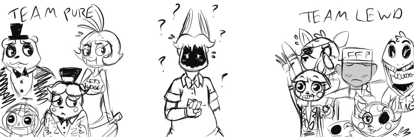 2015 ? animatronic anthro avian balloon_boy_(fnaf) bear bib bird black_and_white blush bow_tie buckteeth canine chicken clothing english_text female five_nights_at_freddy's five_nights_at_freddy's_2 fox group hat human humanoid inkyfrog lagomorph looking_at_viewer machine male mammal mangle_(fnaf) monochrome propeller_hat rabbit robot security_guard simple_background teeth text top_hat toy_bonnie_(fnaf) toy_chica_(fnaf) toy_freddy_(fnaf) uniform video_games waving white_background withered_bonnie_(fnaf) withered_chica_(fnaf)