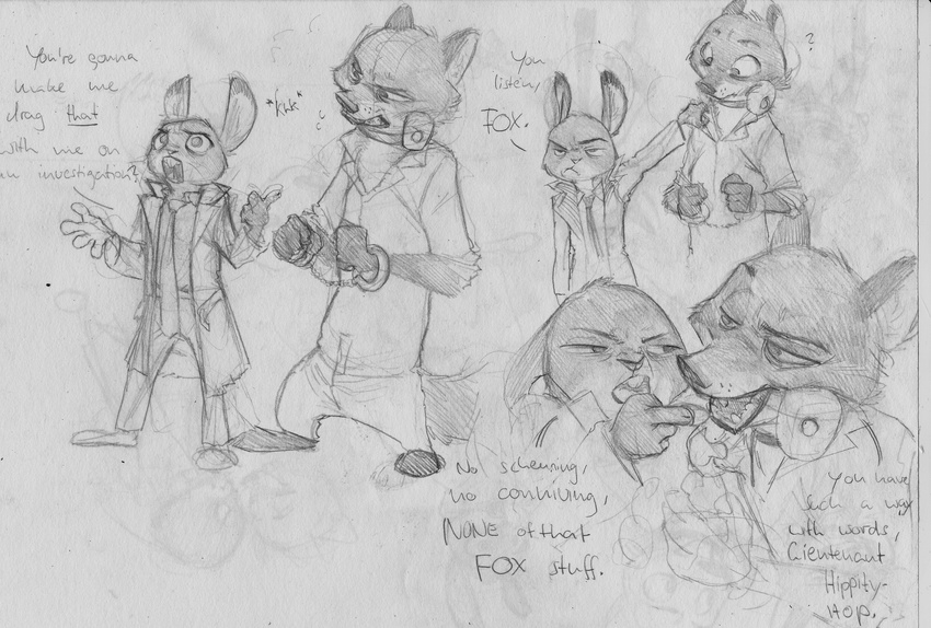 2016 anthro black_and_white buckteeth canine clothed clothing coat collar dialogue disney duo english_text female fox handcuffs judy_hopps lagomorph male mammal monochrome monoflax necktie nick_wilde rabbit shackles shock_collar simple_background teeth text traditional_media_(artwork) white_background zistopia zootopia