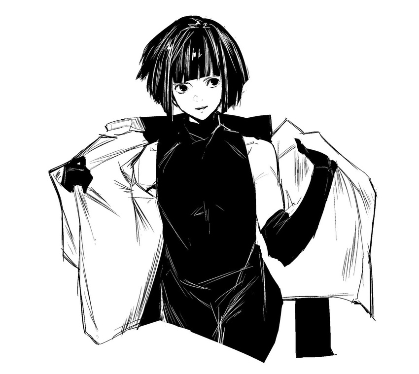 androgynous bare_shoulders black_dress commentary_request dress elbow_gloves gloves greyscale highres jacket jikatarou looking_to_the_side monochrome off_shoulder short_hair simple_background sleeveless sleeveless_dress tokyo_ghoul ui_koori white_background