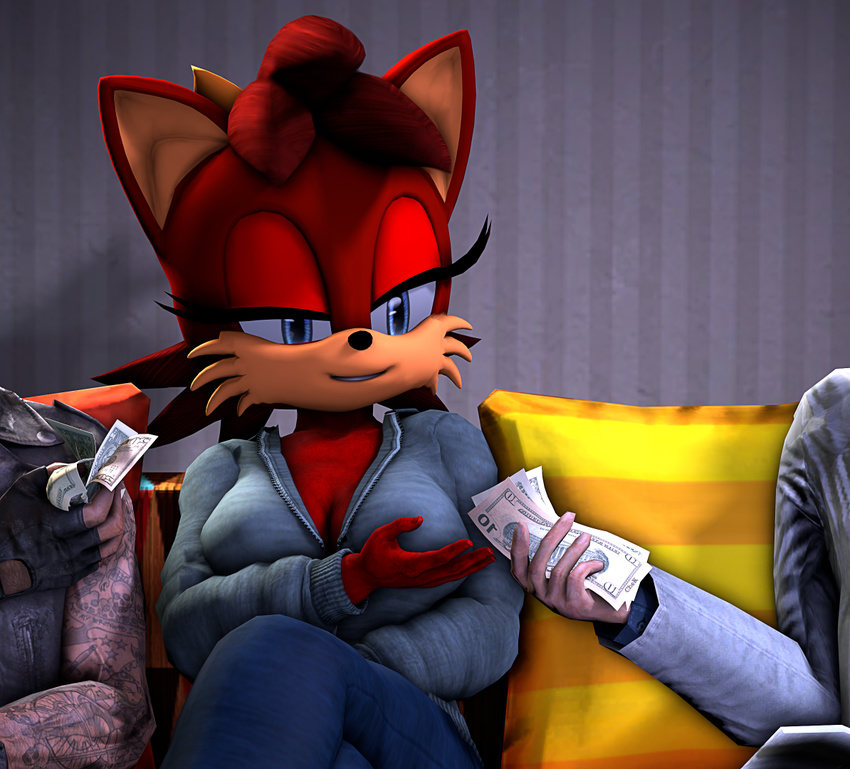 3d_(artwork) big_breasts big_eyes blue_eyes breasts canine chek clothed clothing digital_media_(artwork) female fingerless_gloves fiona_fox fox fur gloves group hair hi_res human male mammal money pillow red_hair sitting smile sofa sonic_(series) tattoo