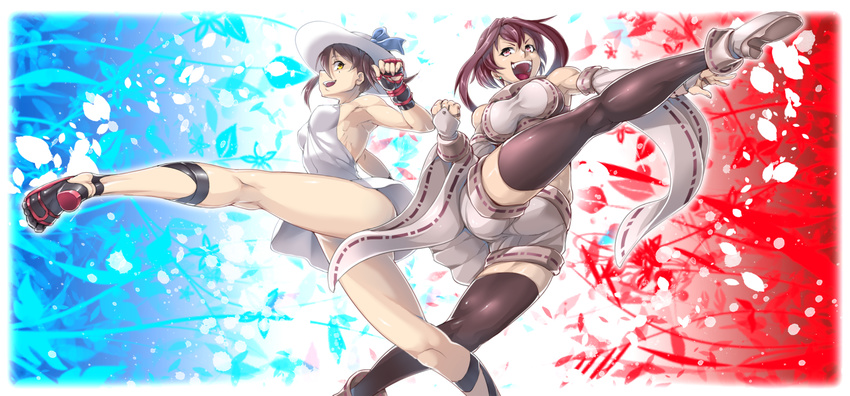 armpits black_legwear breasts brown_hair commentary_request detached_sleeves dress fingerless_gloves gloves hat highres japanese_clothes large_breasts looking_at_another mole mole_under_eye multiple_girls no_bra no_panties open_mouth original ouka_(oukakaka) pixiv_fantasia pixiv_fantasia_t red_eyes short_hair shorts smile sun_hat sundress thighhighs thighs wide_sleeves yellow_eyes