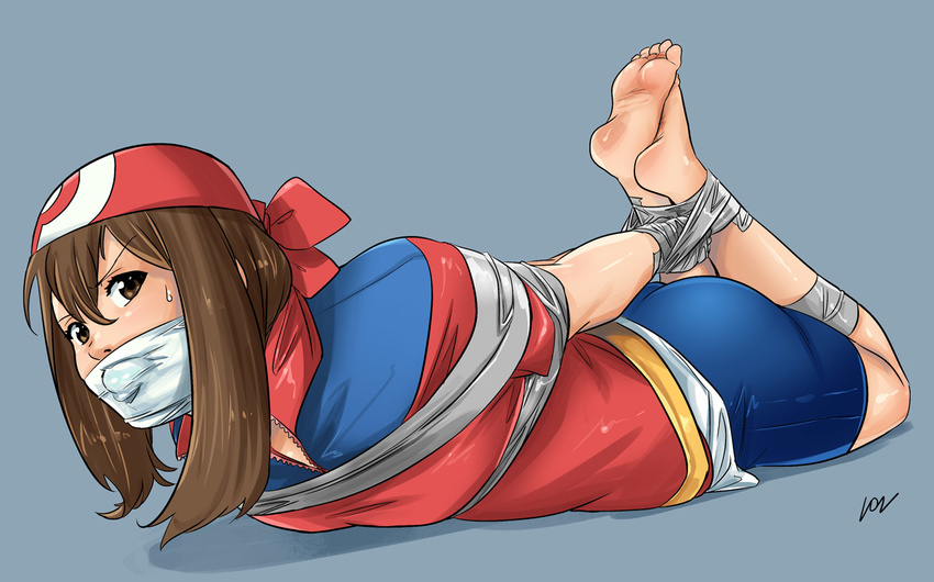 bad_id bad_pixiv_id bandana barefoot bdsm bike_shorts bondage bound bound_wrists brown_hair feet full_body gag gagged haruka_(pokemon) hat headwear hogtie lost_one_zero lying on_stomach pokemon pokemon_(anime) rope solo sweatdrop tape tied_up