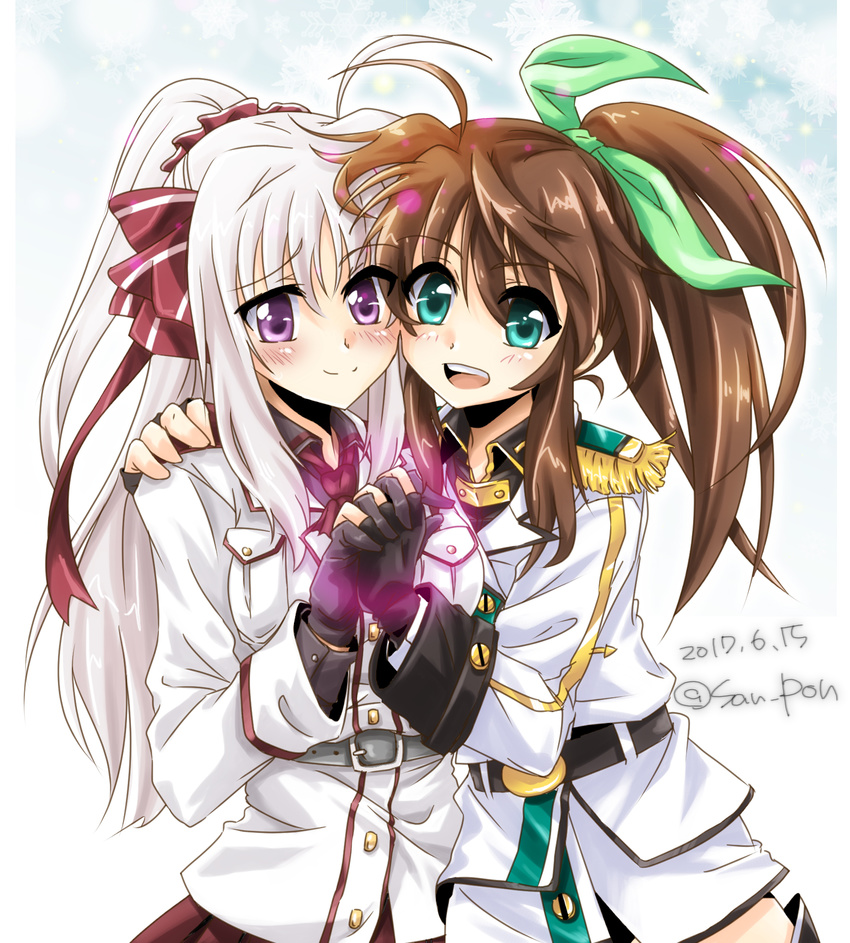 ahoge artist_name belt black_gloves blush bow brown_hair buttons dated epaulettes fingerless_gloves fringe_trim fuuka_reventon gloves green_eyes hair_bow hair_ribbon hand_on_another's_shoulder highres jacket long_hair long_sleeves looking_at_viewer lyrical_nanoha military military_uniform multiple_girls open_mouth ponytail purple_eyes ribbon rinne_berlinetta san-pon shiny shiny_hair signature smile teeth uniform upper_body vivid_strike! white_hair