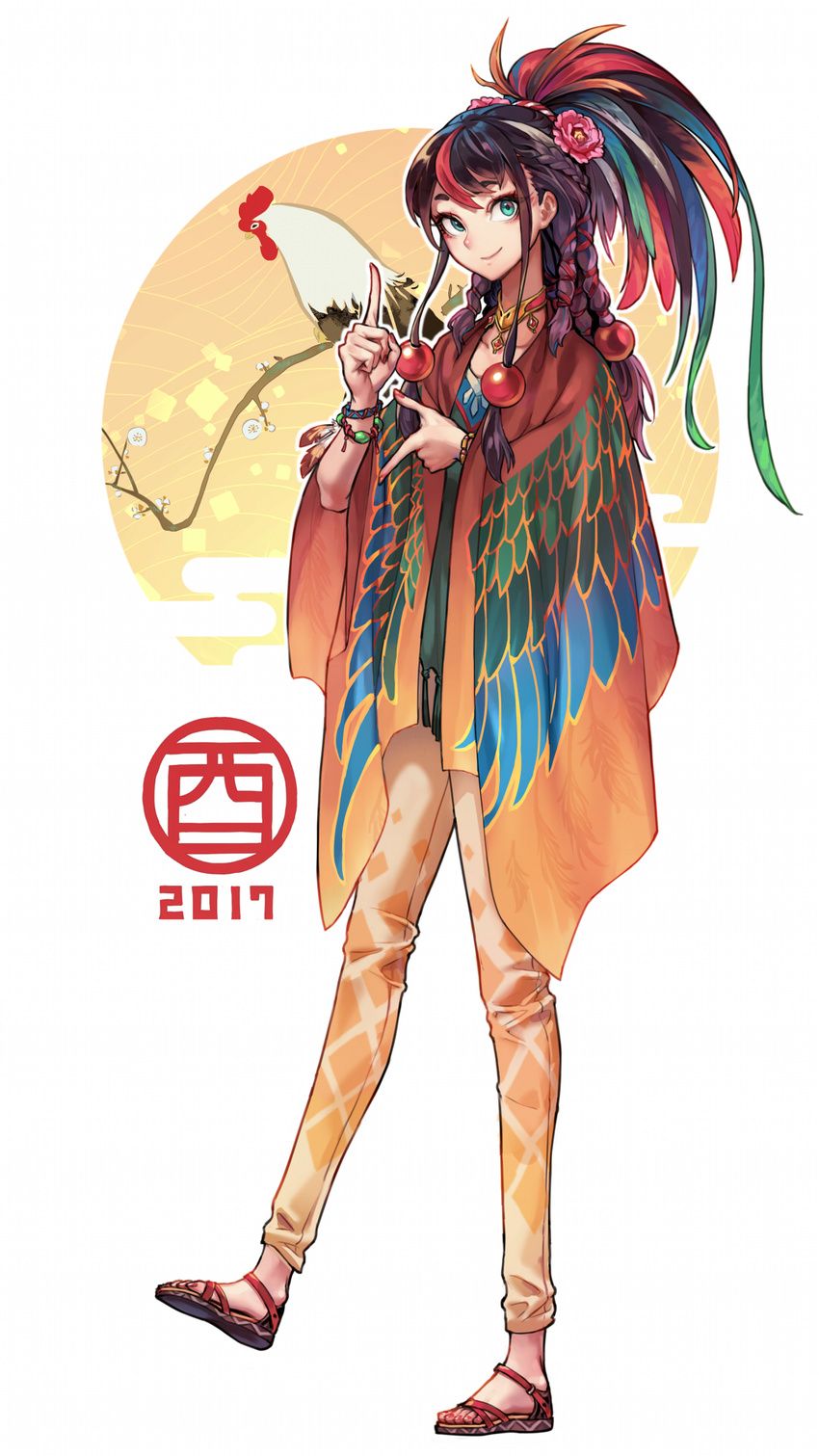 2017 aqua_eyes bird black_hair bracelet chicken chinese_zodiac choker closed_mouth commentary_request feathers flower full_body hair_flower hair_ornament headdress highres jewelry long_hair looking_at_viewer multicolored_hair nail_polish native_american native_american_headdress oopartz_yang original poncho red_hair red_nails rooster smile solo streaked_hair two-tone_hair year_of_the_rooster