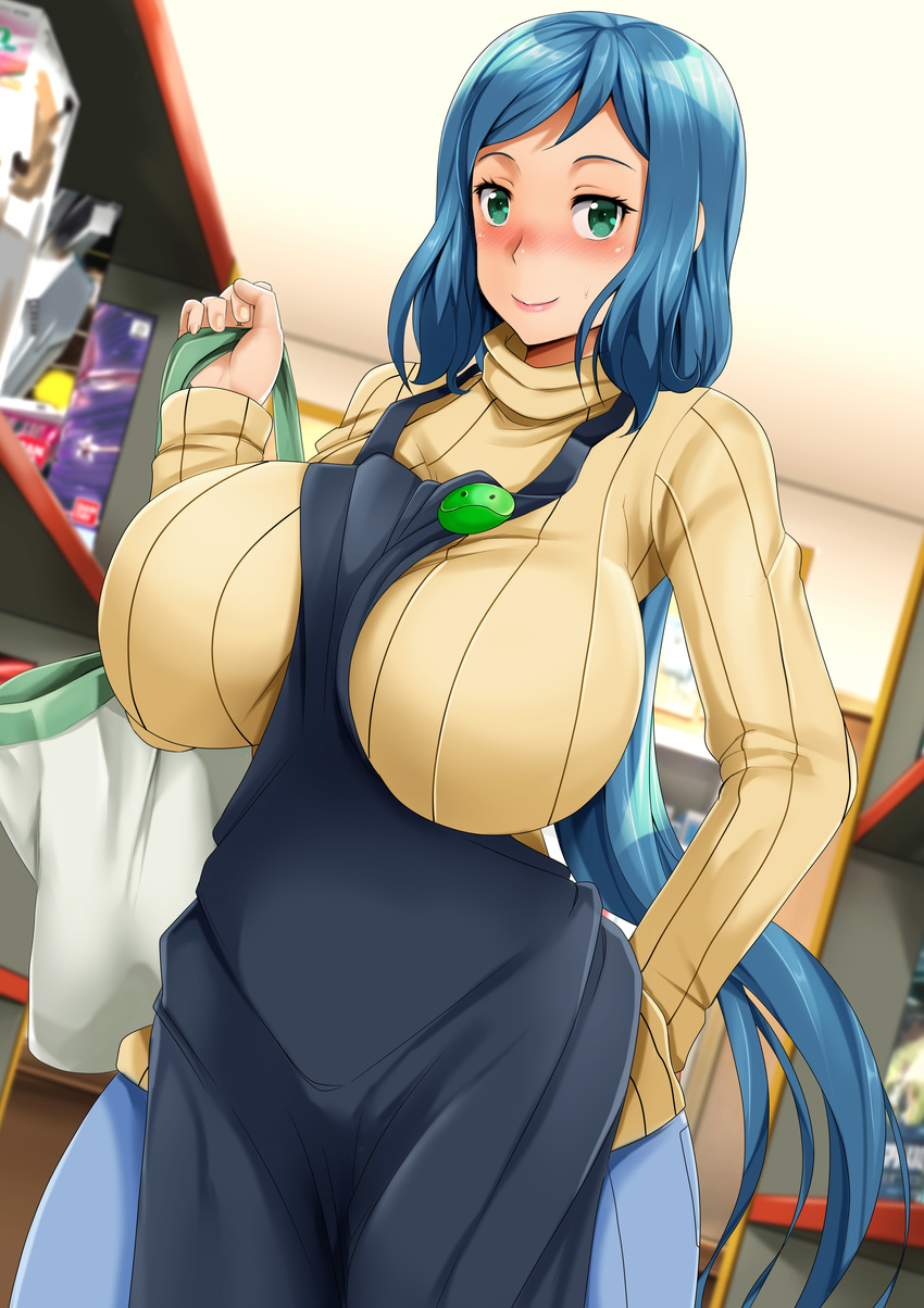 absurdres apron arm_behind_back badge bag bangs between_breasts blue_hair blue_pants blush breasts closed_mouth cowboy_shot denim fingernails green_eyes gumroad_reward gundam gundam_build_fighters hand_up haro_button_badge highres holding holding_bag indoors iori_rinko janong jeans large_breasts long_hair long_sleeves looking_at_viewer mature nose_blush paid_reward pants pink_lips ponytail ribbed_sweater shopping shopping_bag smile solo sweatdrop sweater swept_bangs turtleneck turtleneck_sweater very_long_hair yellow_sweater