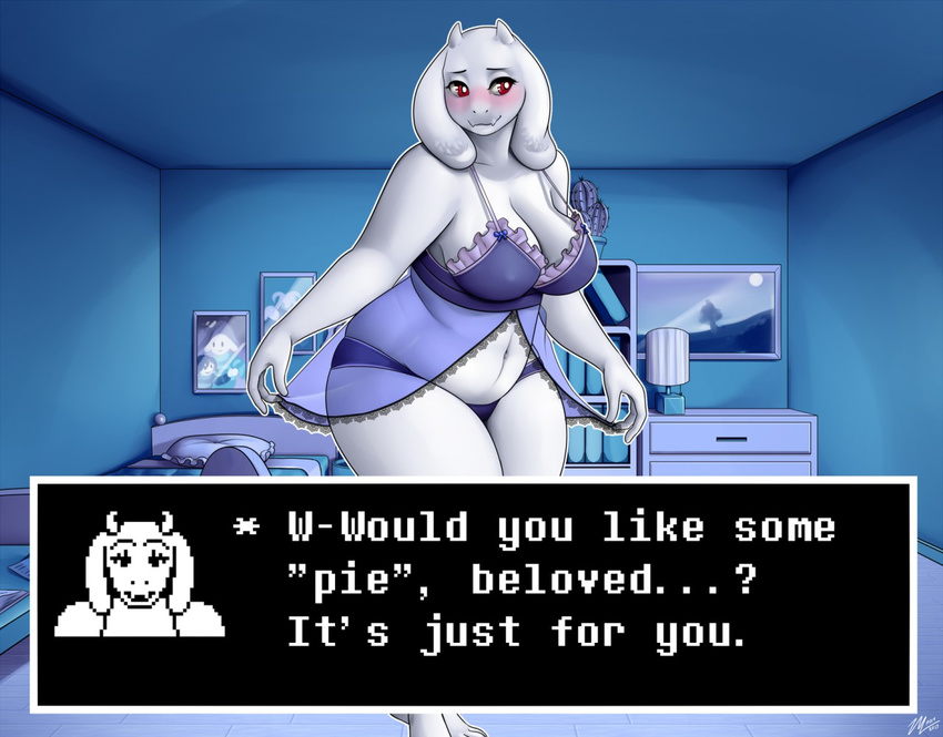 2017 anthro bed blush boss_monster caprine clothed clothing cyrus_physhor english_text female goat horn inside long_ears mammal navel nightgown photo solo text toriel undertale underwear video_games