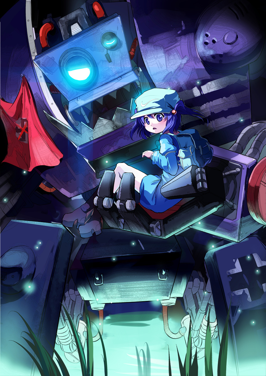 absurdres backpack bag blue_dress blue_eyes blue_hair boots carrying crossed_out dress from_below glowing green_hat hair_bobbles hair_ornament hat highres kawashiro_nitori looking_at_viewer looking_to_the_side nazi_flag night open_mouth platform_boots platform_footwear robot short_hair short_twintails swastika touhou twintails two_side_up x x-boy